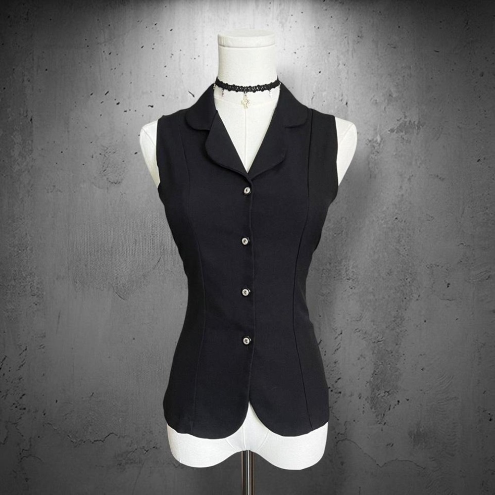 Vintage 90s Y2K Black Button Up Collared Vest Top